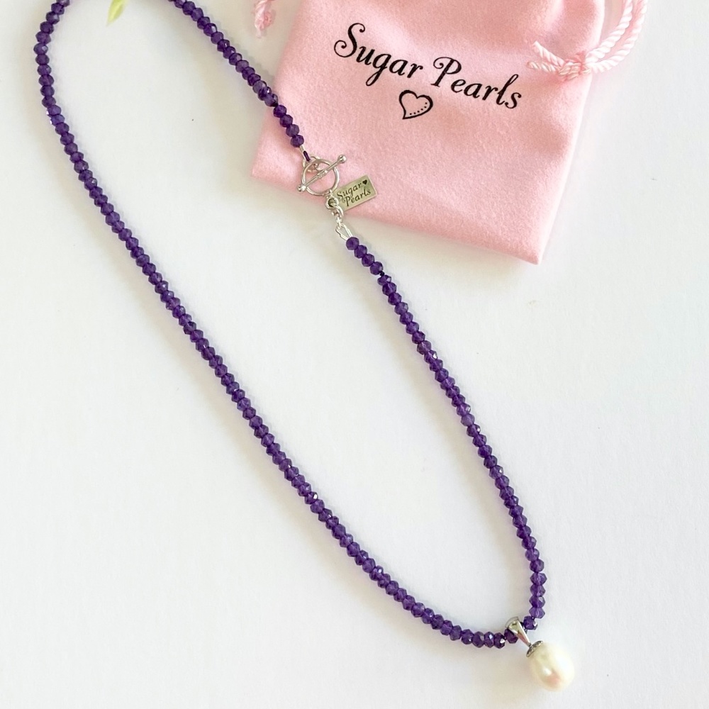 Amethyst and 14k White Gold Pearl Pendant Necklace